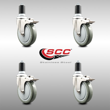 Service Caster 5 Inch 316SS Gray Poly Swivel 1-1/2 Inch Expanding Stem Caster Set Lock Brake SCC-SS316TTLEX20S514-PPUB-112-4